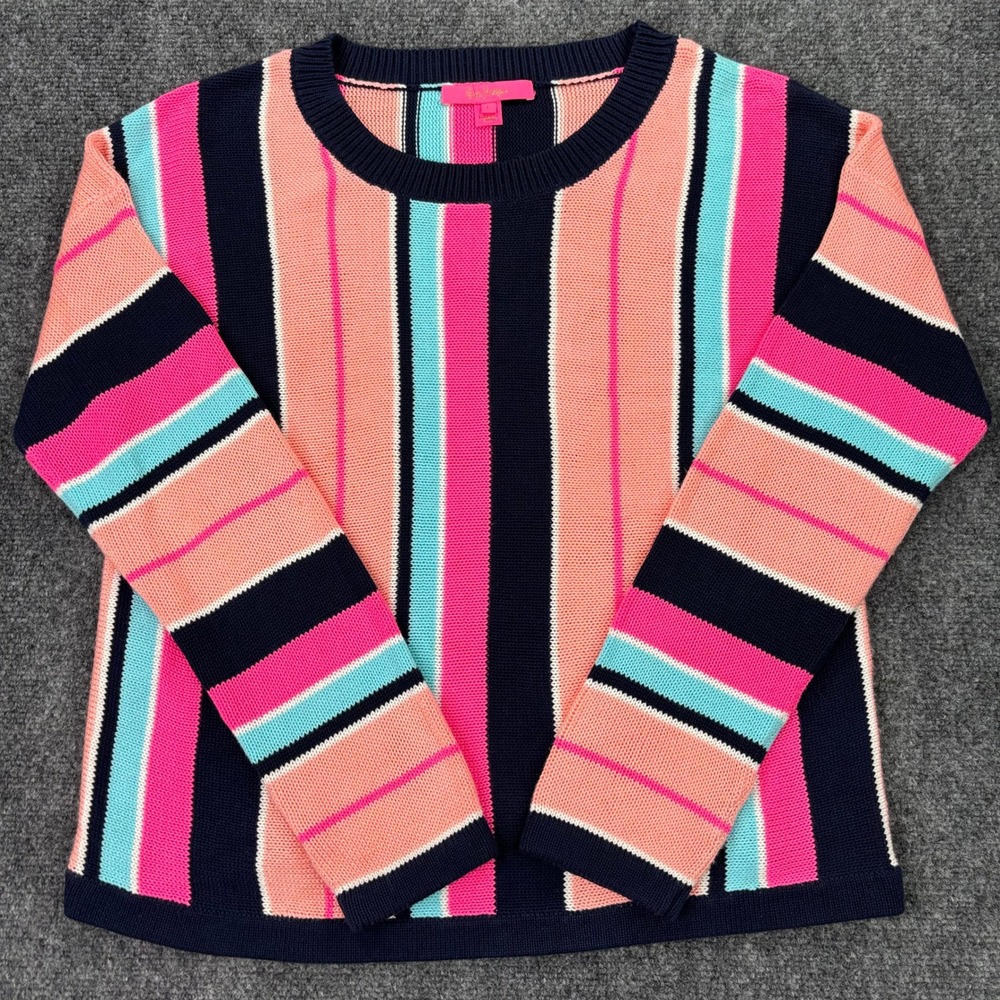 Lilly Pulitzer Women Multi-Color Striped Knit Sweater Crew Neck Navy Pink Large
